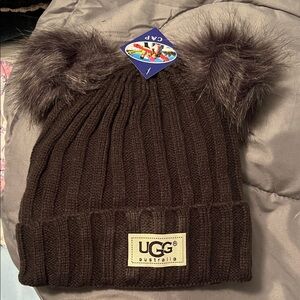 UGG Brown Knit Beanie with Faux Fur Ears
